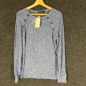 New Automet Sweater Pullover Women M Medium Blue Knit Long Sleeve Button Rayon